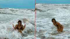 Ünlü oyuncunun dalgalarla imtihanı! Eğlenceli hallerine beğeni yağıyor