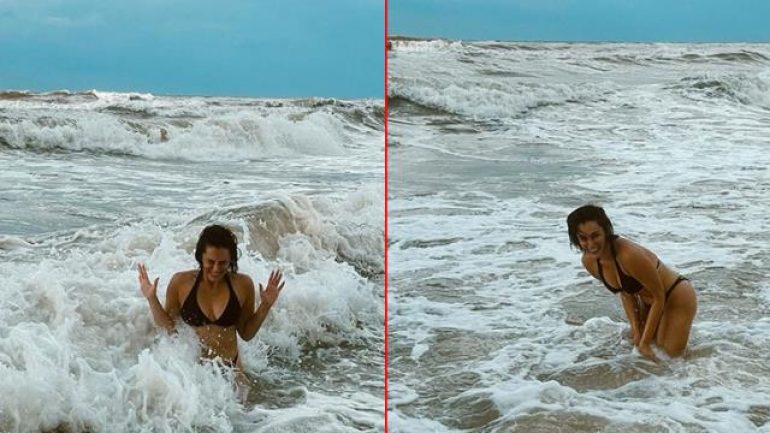 Ünlü oyuncunun dalgalarla imtihanı! Eğlenceli hallerine beğeni yağıyor