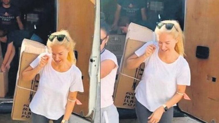 Burcu Esmersoy yangın bölgesinde! Sırtında koli taşıdı