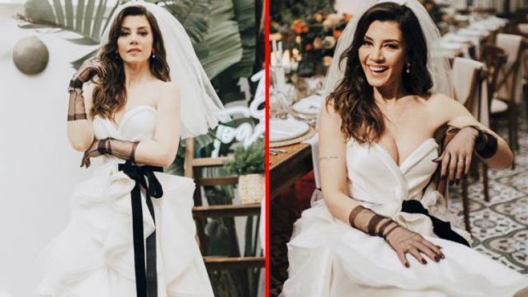 Gökçe Bahadır gelinliğinin üstüne siyah bant taktı! Sosyal medyayı ikiye böldü